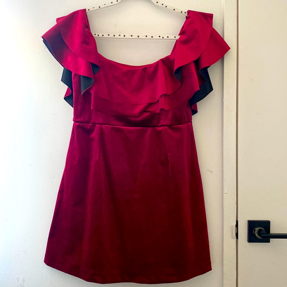 ASOS red/burgundy mini velvet dress.